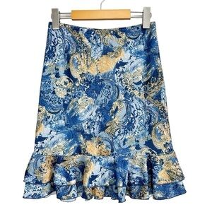 Pelican Cove Blue & Gold Ruffle Floral Skirt Size S